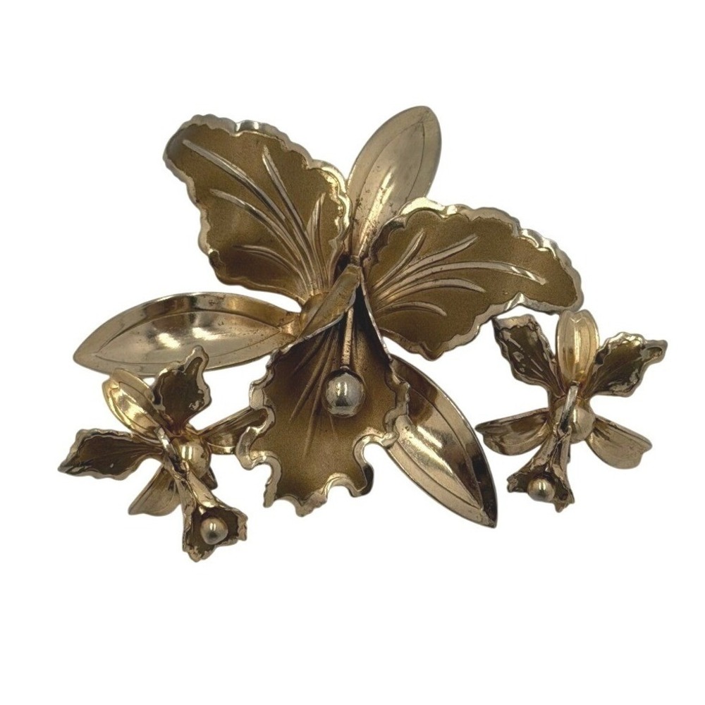 Vintage Orchid Flower Brooch Earrings Set Gold Tone Screw Back Floral